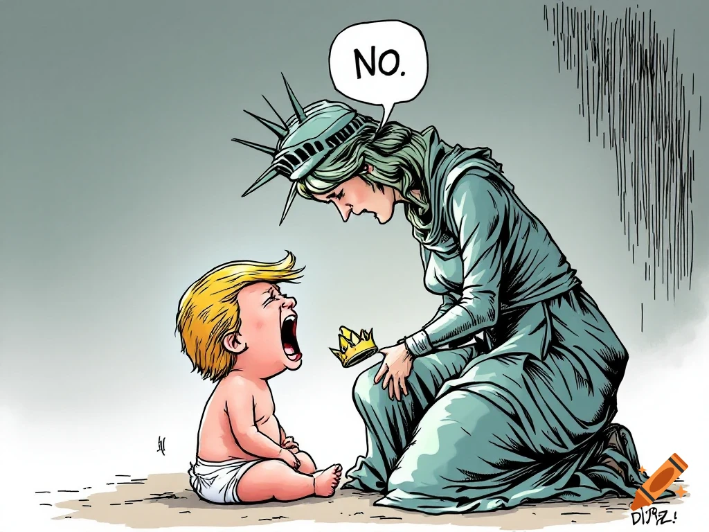 Political cartoon: Statue of Liberty takes a crown from a crying baby Donald Trump, saying 'NO.'