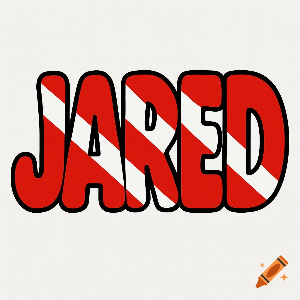 Big bubble letters spelling JARED, filled with red and white scuba diver flag stripes.