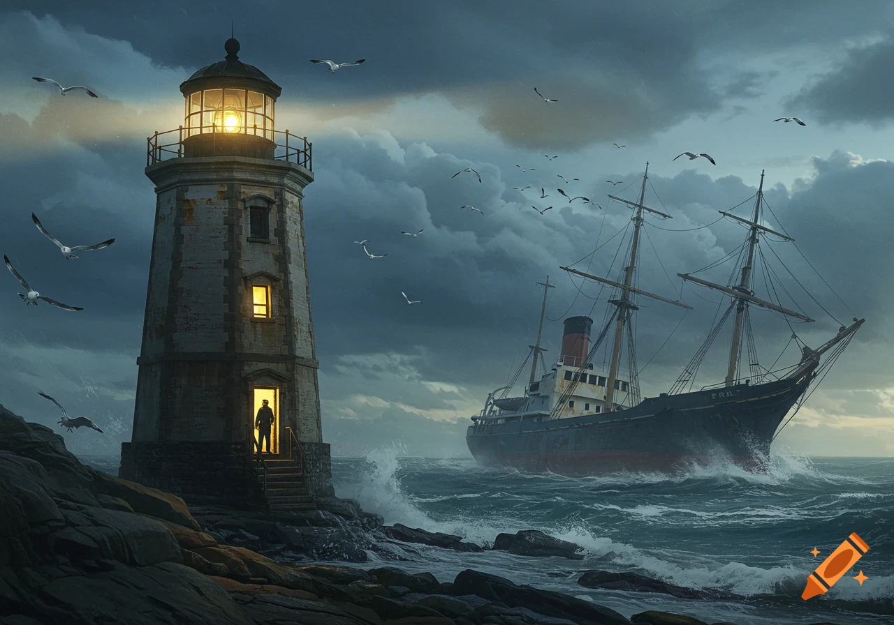 A lighthouse on a rocky shore with a man in the doorway overlooks a ship in a rough sea under a stormy sky.
