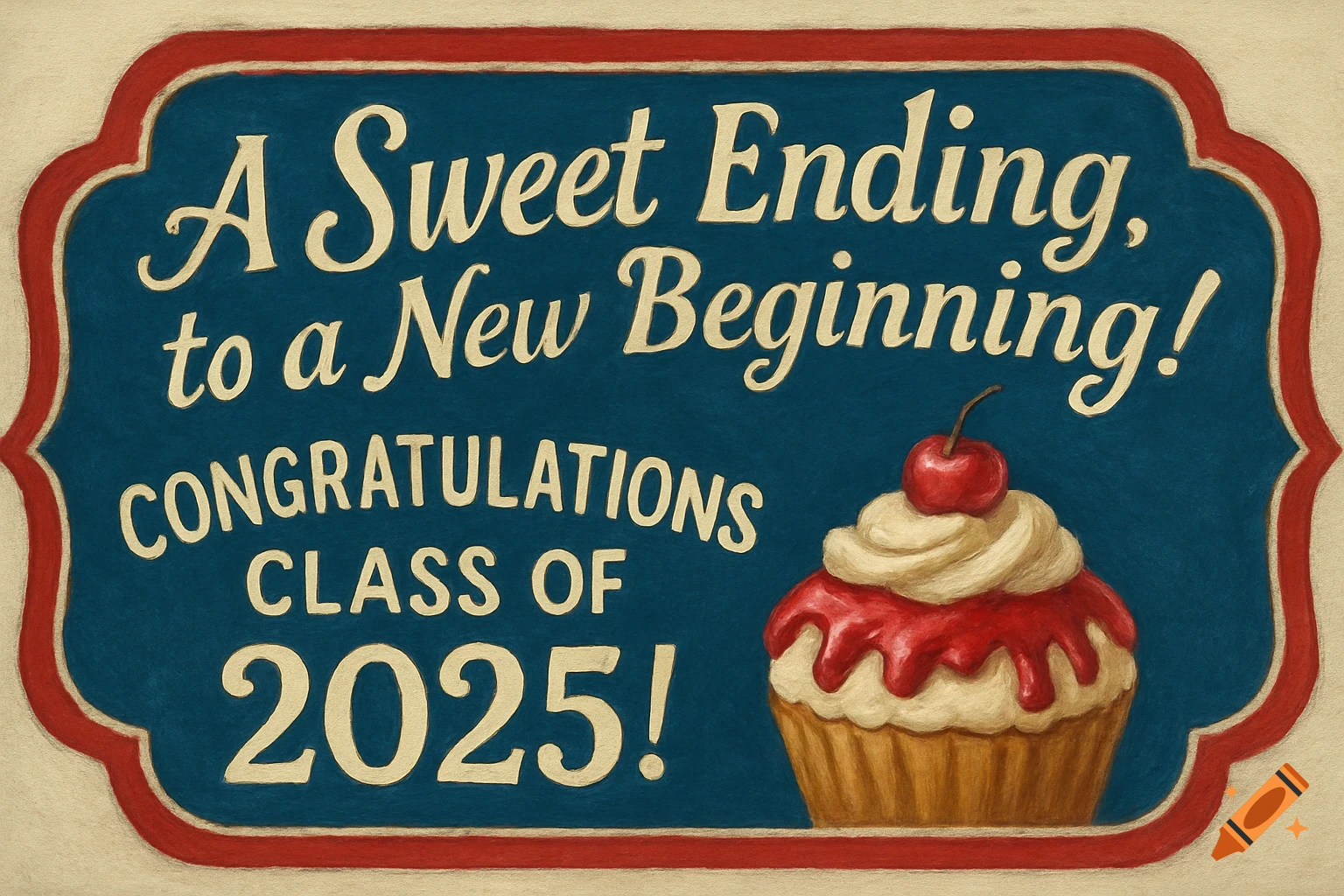 A graduation label with text A Sweet Ending, to a New Beginning! Congratulations Class of 2025! and a cupcake.