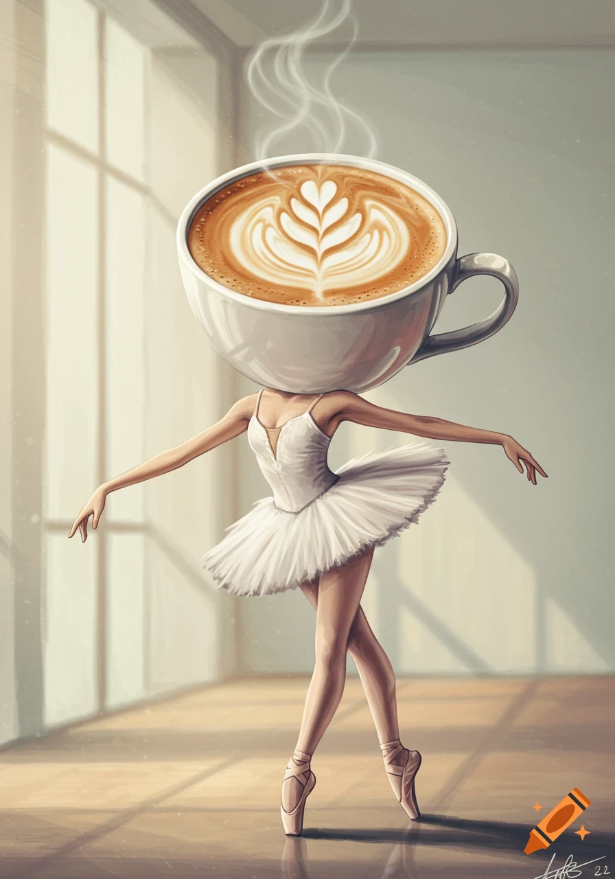 Illustration of a ballerina with a latte art filled coffee cup for a head, dancing in a sunlit studio.