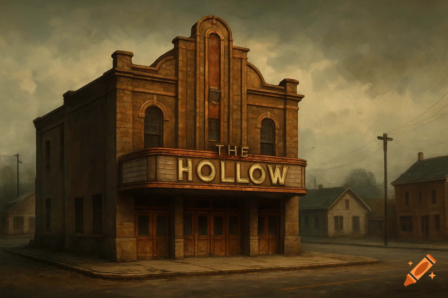 An old theatre building with 'THE HOLLOW' on the marquee, standing in a small town. Painterly style.