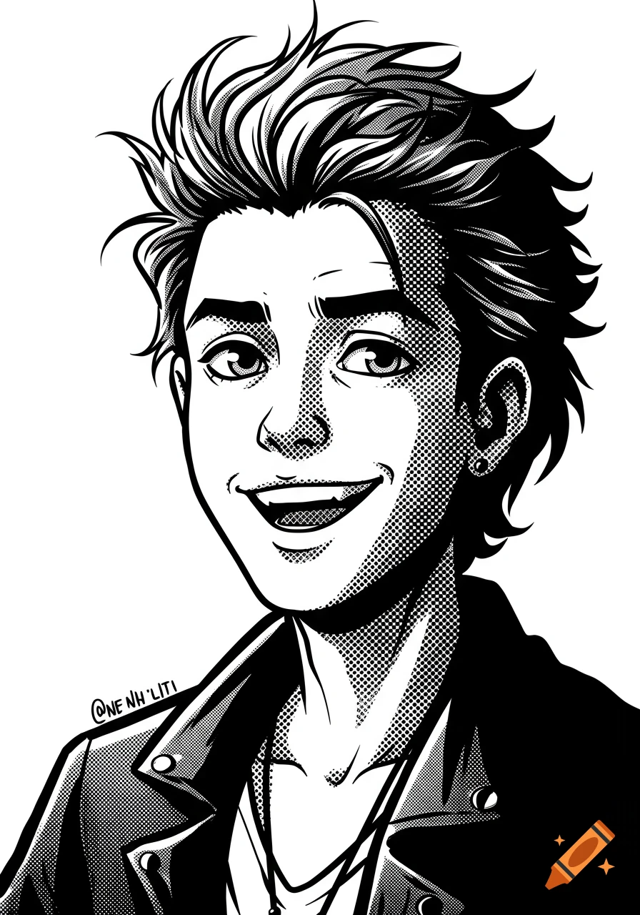 A black and white comic style portrait of a person