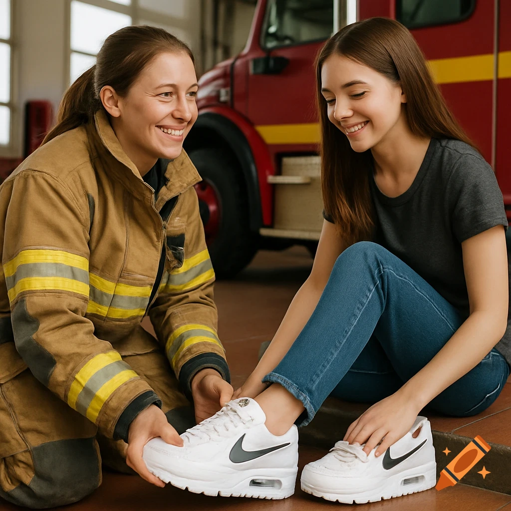 Female firefighter helps woman try on white sneakers in a fire station.