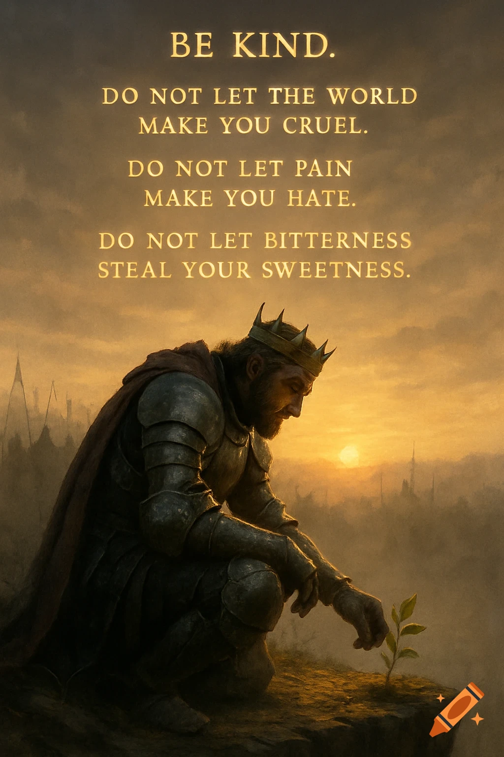 Cinematic fantasy image of a king in armor kneeling by a plant at sunrise, with inspirational text above.