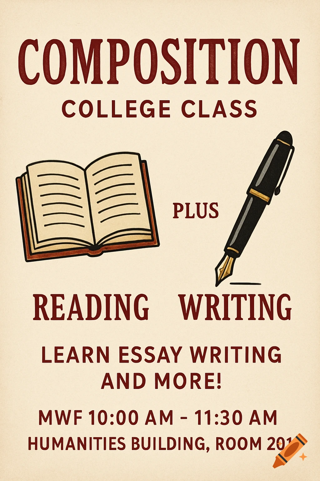 A flyer advertising a college composition class, featuring illustrations of an open book and a fountain pen, with text detailing the course.