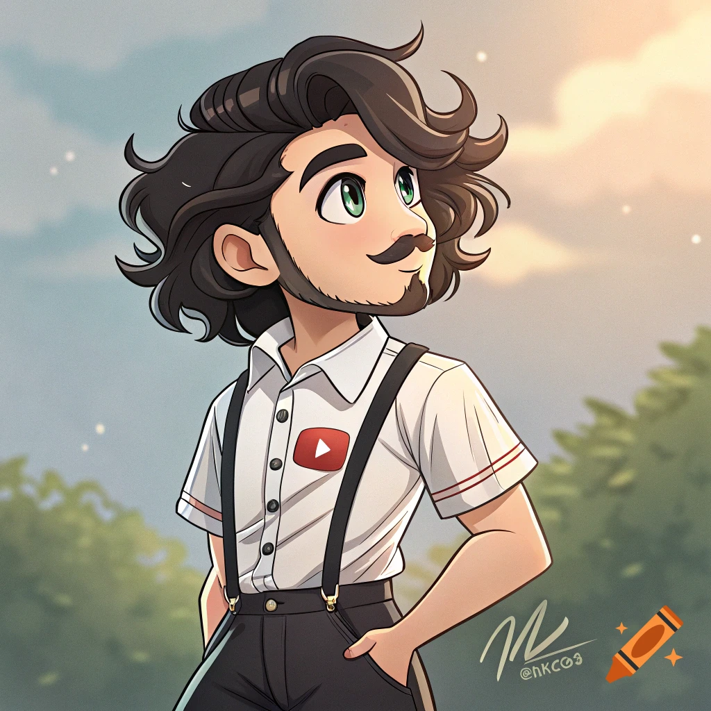 Anime-style portrait of a young man with a mustache and beard, wearing a white shirt with a YouTube logo, black suspenders, and black pants, looking upwards