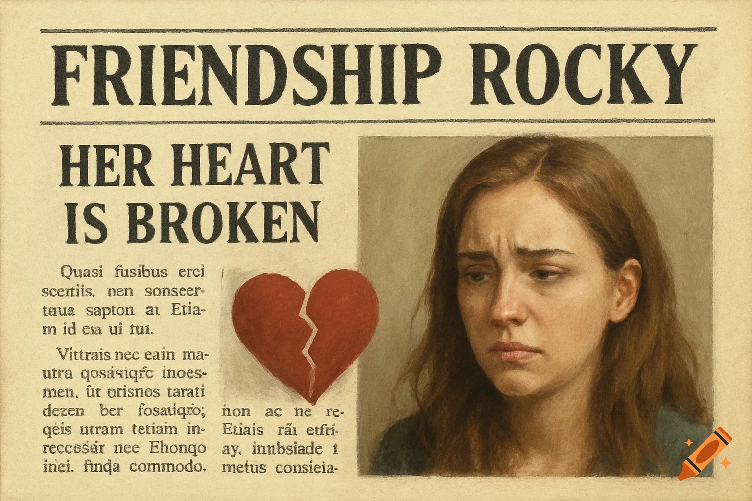 Realistic painting of a newspaper with headline "FRIENDSHIP ROCKY HER HEART IS BROKEN", a broken heart, and a sad woman's portrait.