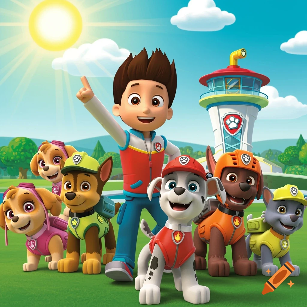 Ryder and the Paw Patrol pups pose near the lookout tower on a sunny day, cartoon style.