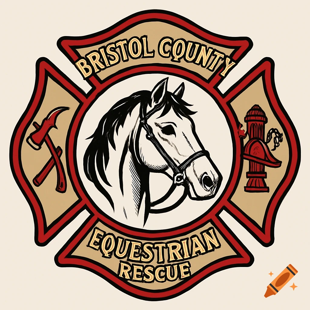 Maltese cross logo with a horse head, axes, fire hydrant, and text 'Bristol County Equestrian Rescue'.