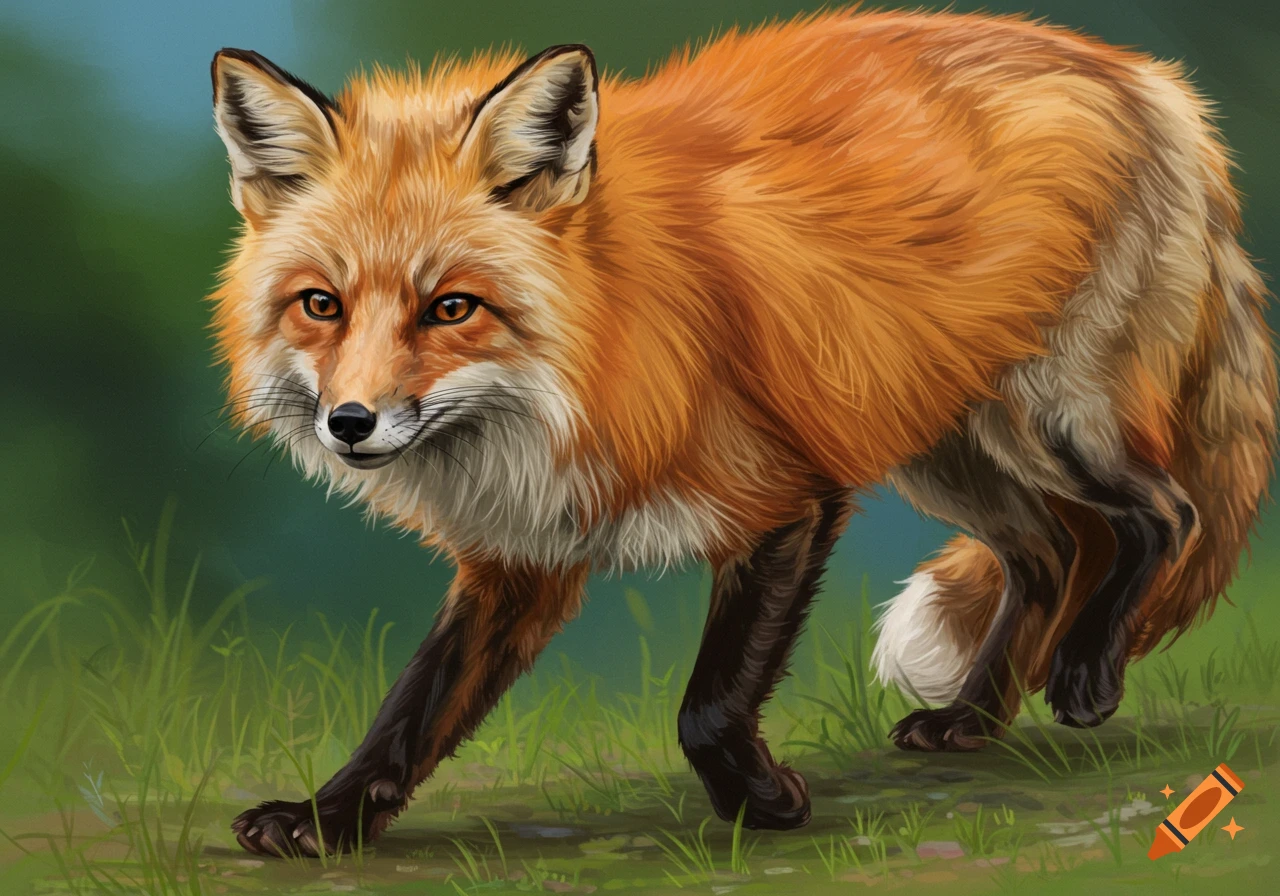 A red fox walks through green grass in a digital painting.