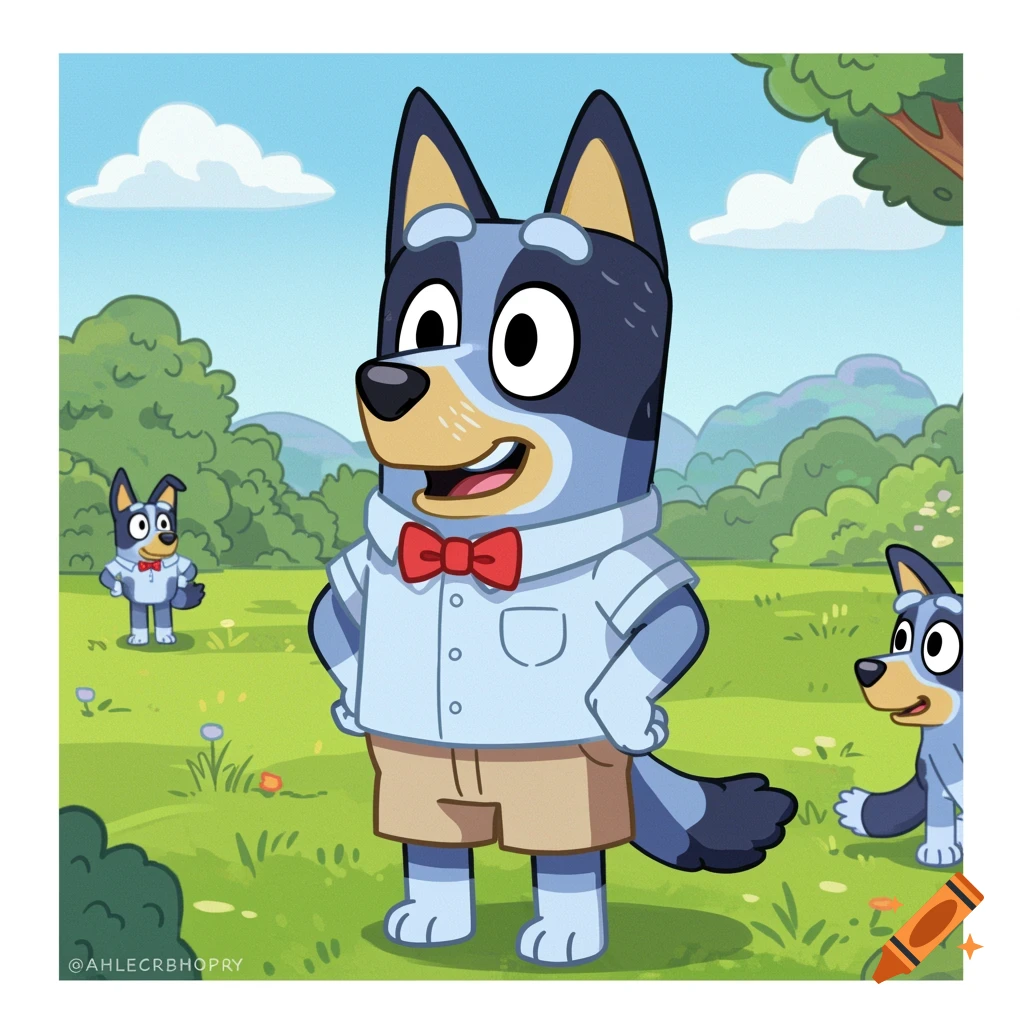 A blue heeler cartoon character in a shirt and bow tie stands in a field with two others in the background, cartoon style.