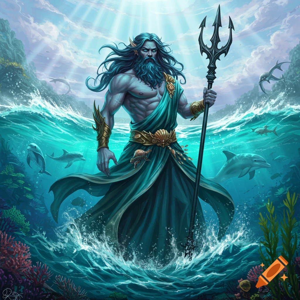 Powerful mythological god standing in the sea with trident, dolphins, and sharks. Digital painting.