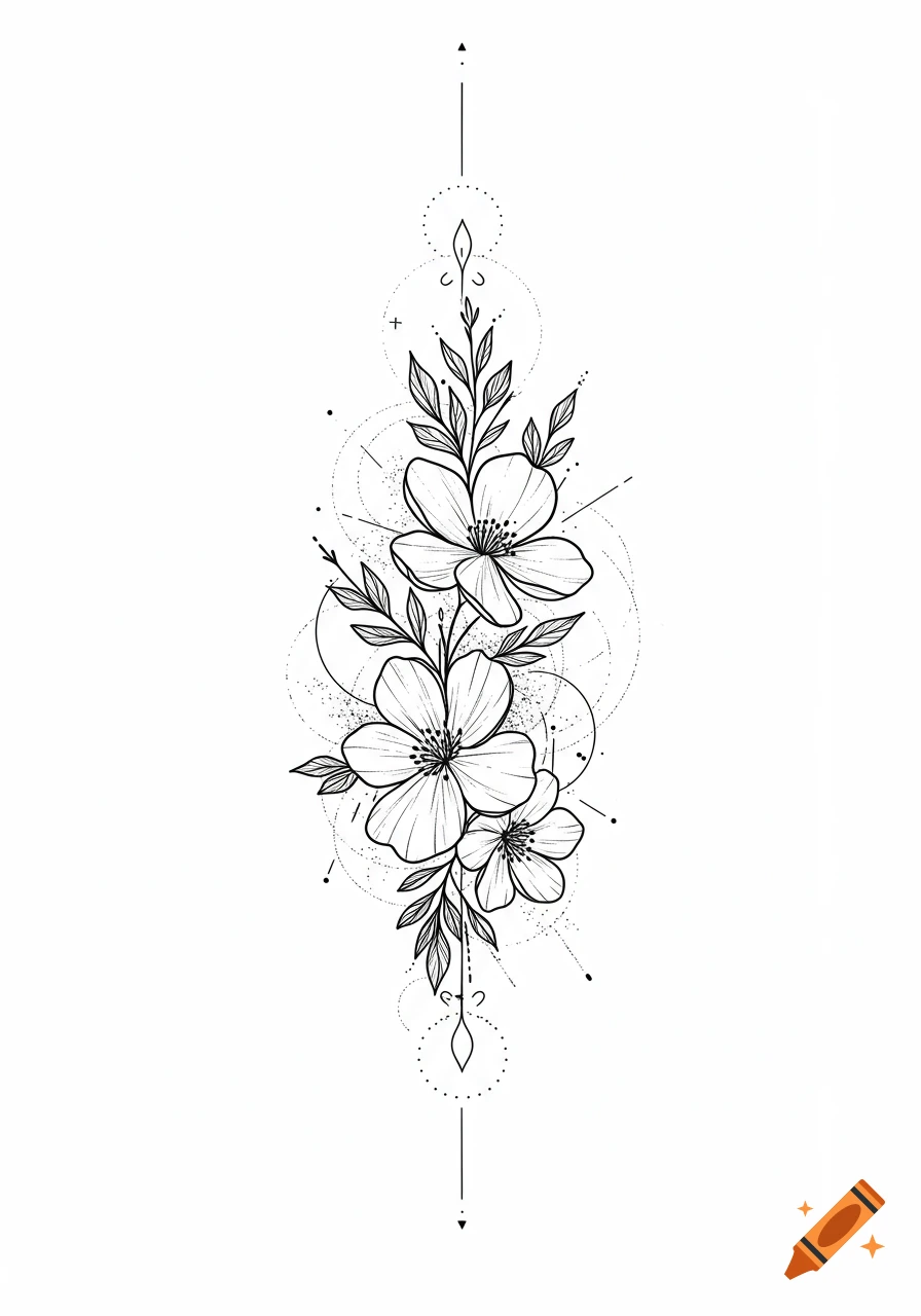 Black and white line art tattoo design with flowers and geometric shapes