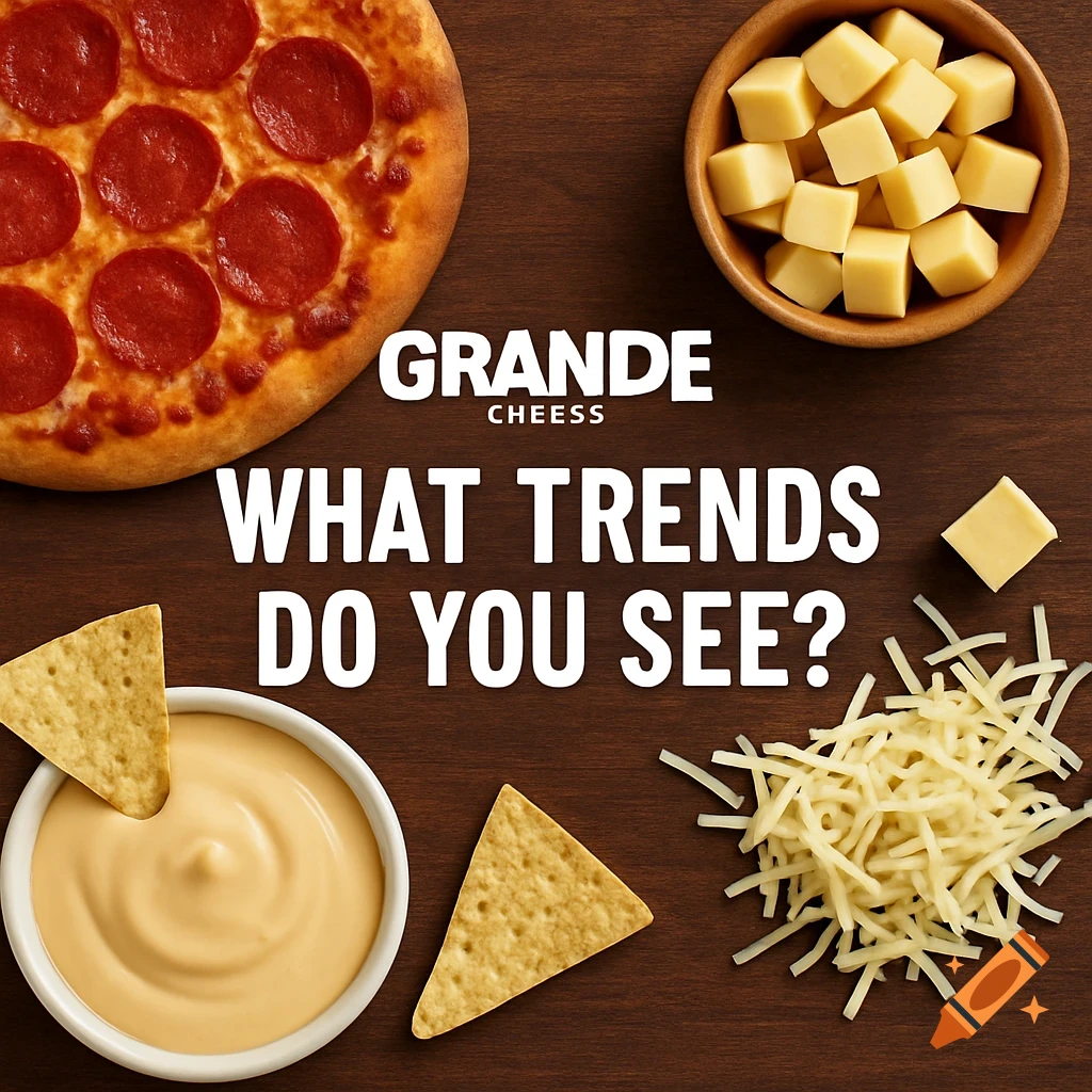 Overhead view of food: pizza, cheese cubes, shredded cheese, cheese dip, tortilla chips, with text overlay.