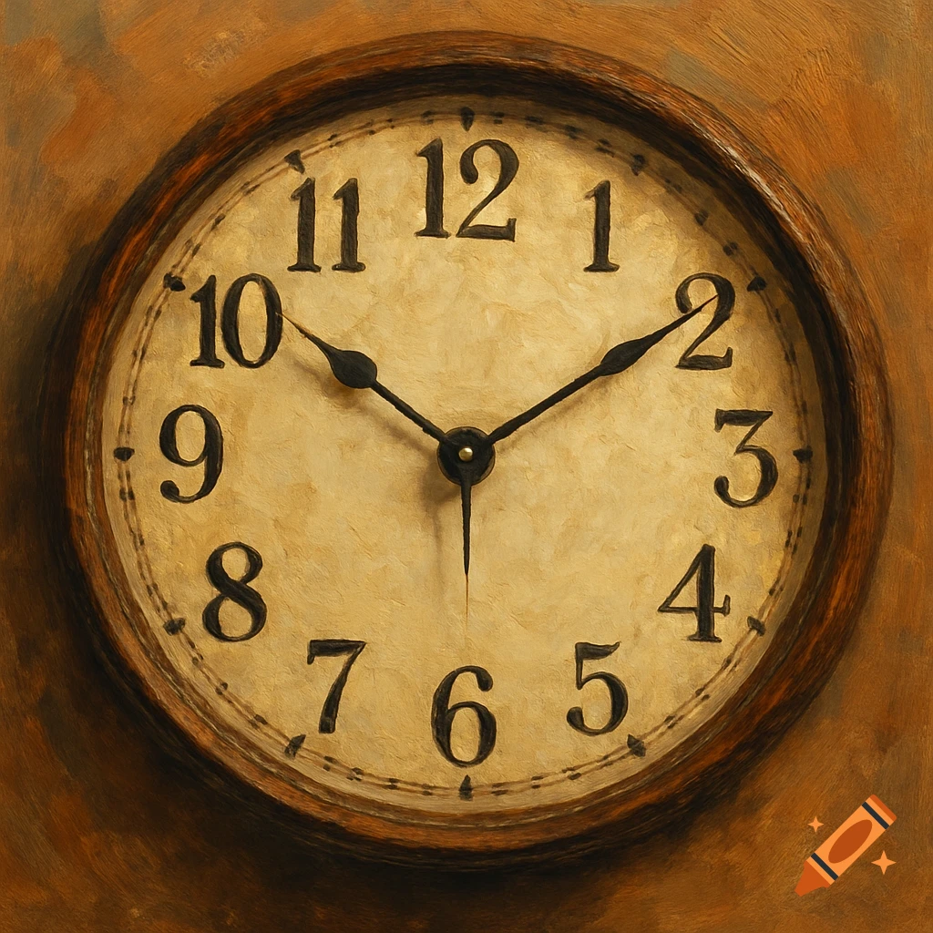 Close-up view of a round clock face with black numbers and hands in a painterly style.