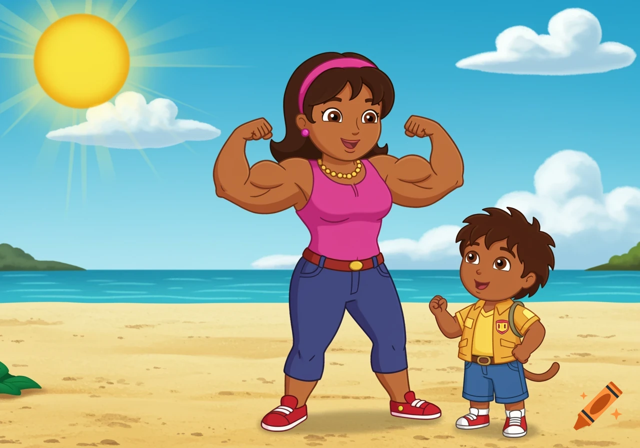 Cartoon of a muscular woman flexing next to a child on a beach.