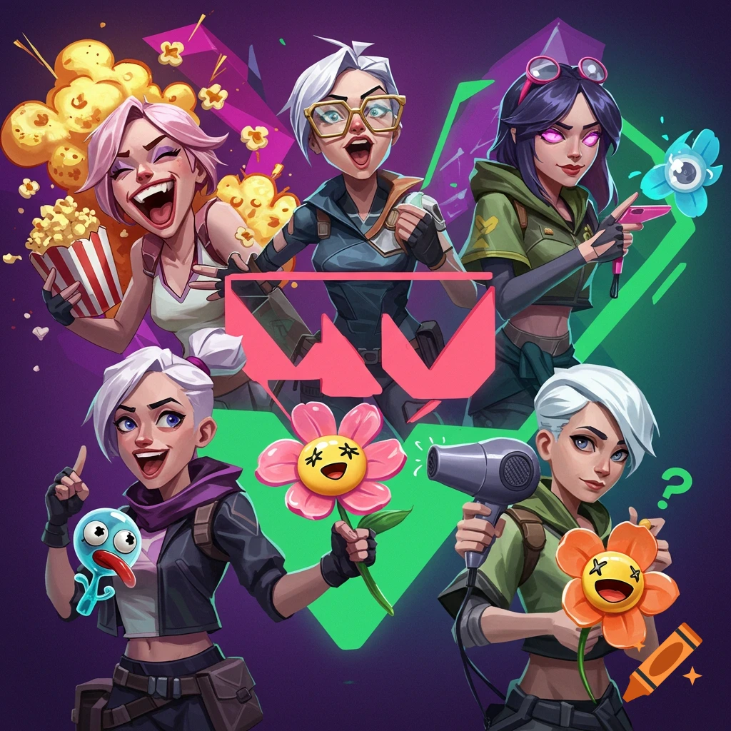 Stylized cartoon logo featuring Valorant agents Raze, Chamber, Reyna, Sage, and Clove with exaggerated expressions and props.