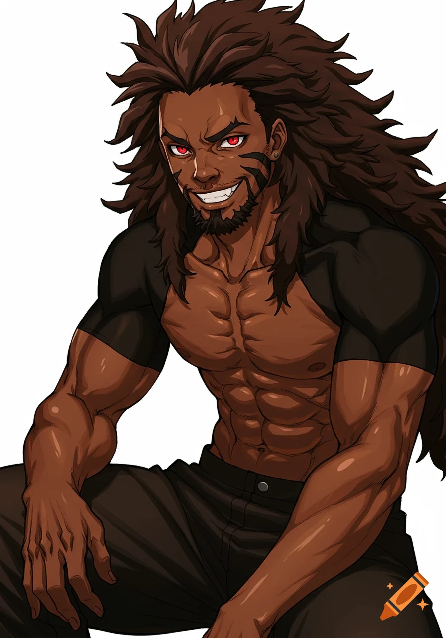Anime style portrait of a muscular man with long dark hair, red eyes, tribal markings, and a mischievous grin.