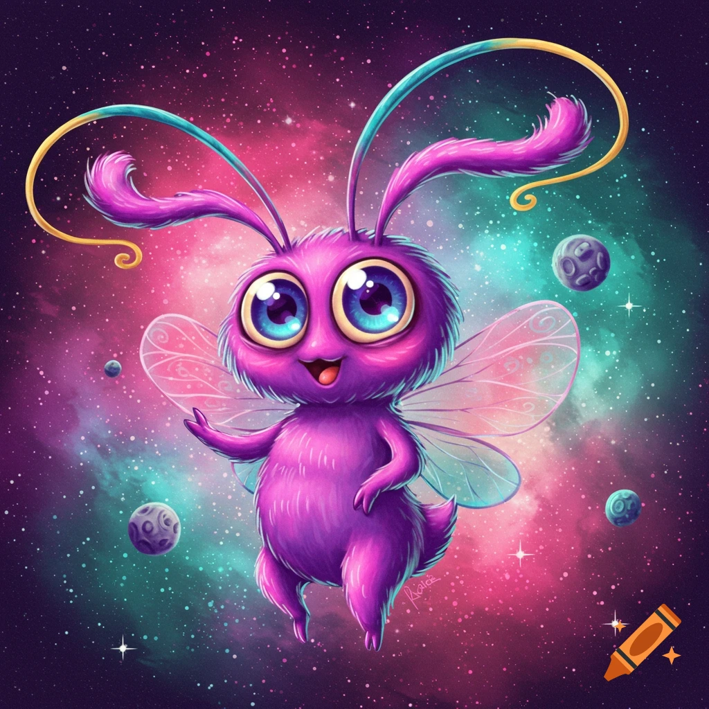 A cute purple furry creature with butterfly wings and big eyes floats in a colorful cosmic nebula background.