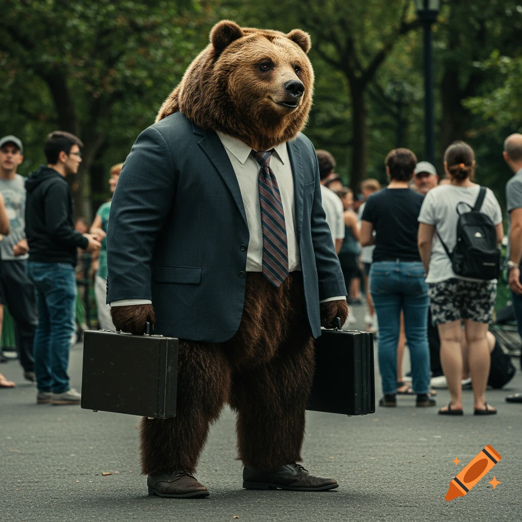 A bear wearing a suit and tie, carrying two briefcases, stands in a park crowd. Photorealistic.