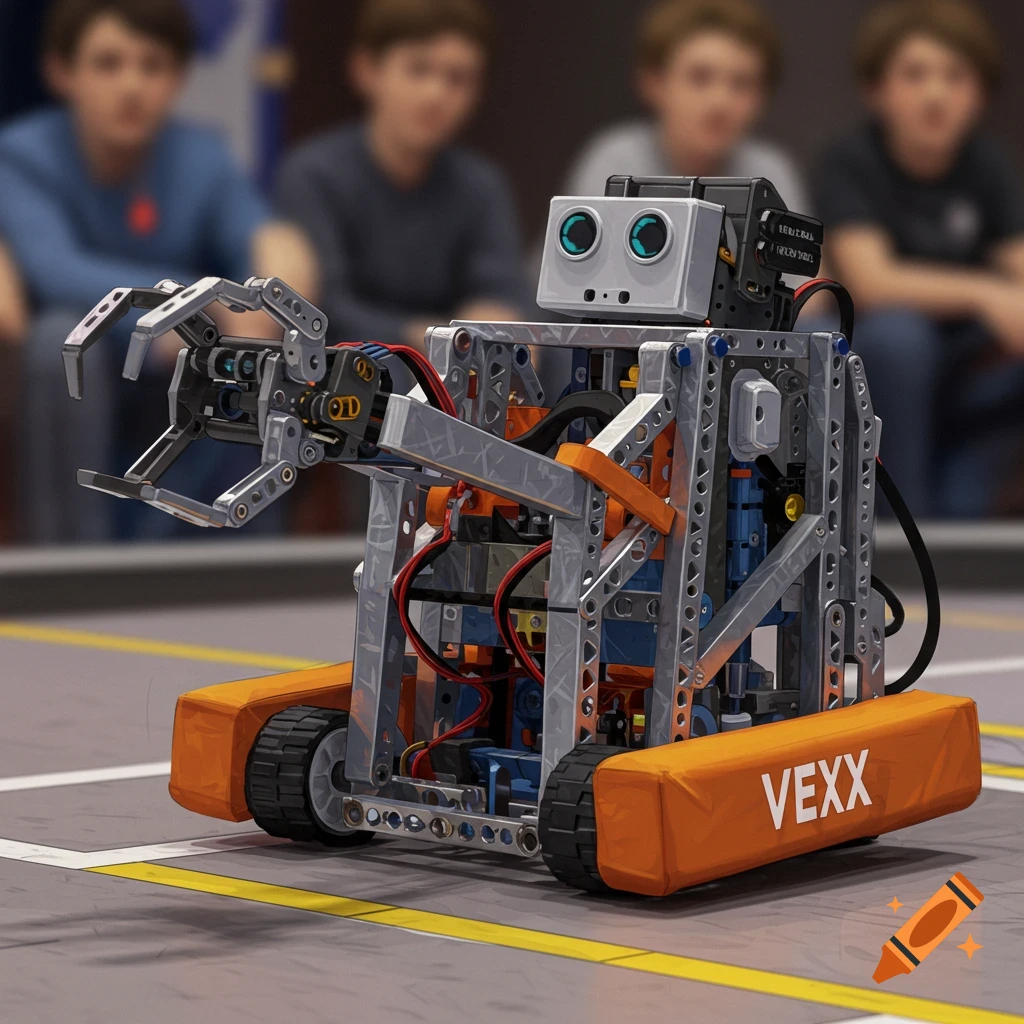 A VEXX robot with a gripper arm on the floor at a robotics competition, with blurred spectators in the background.
