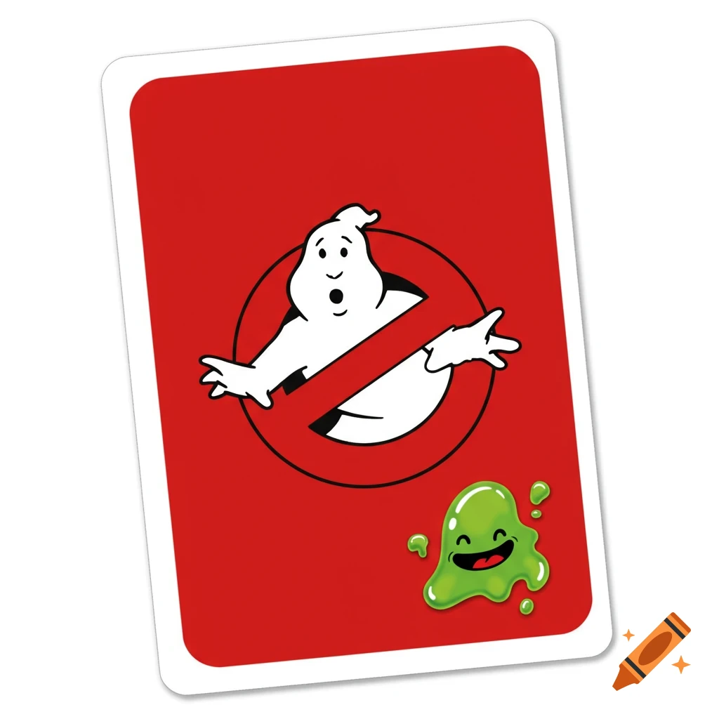 A red card with the Ghostbusters logo and a smiling green slime character.
