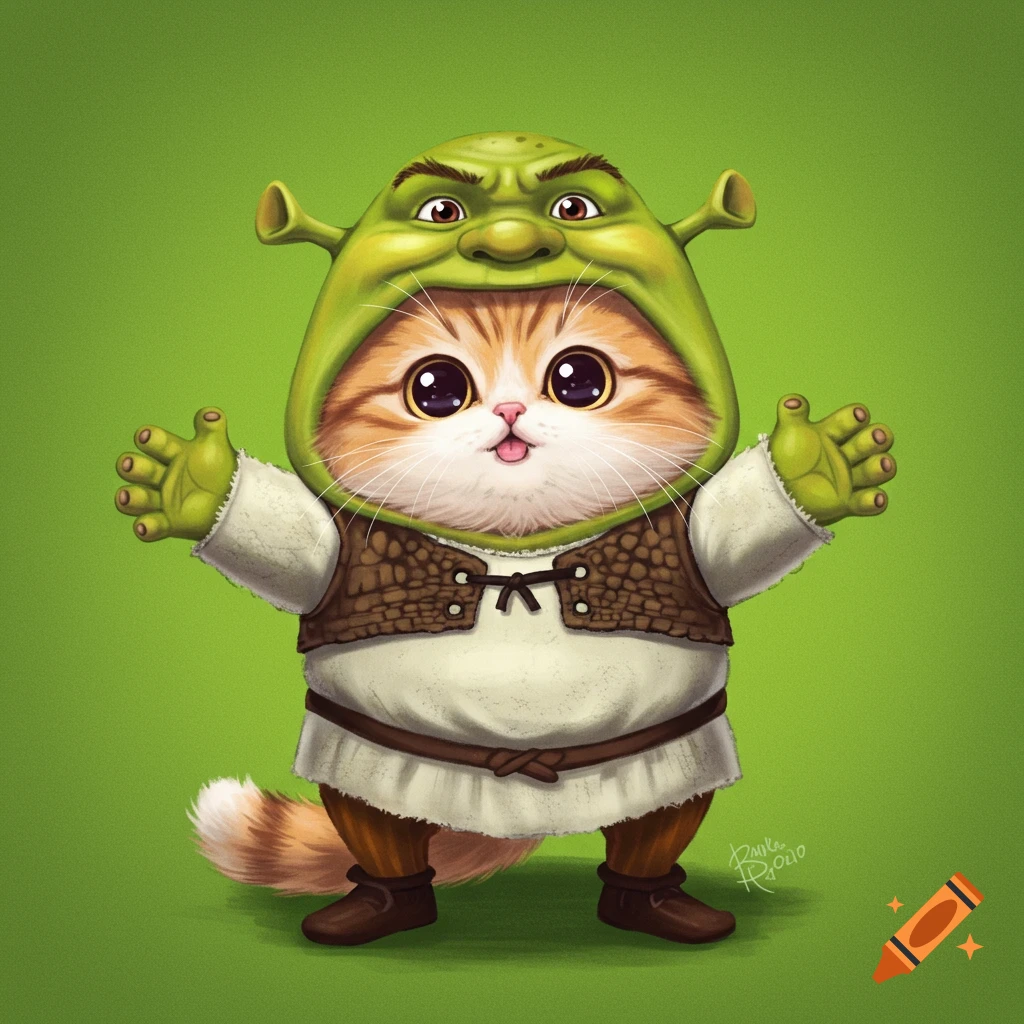 Cute illustration of a fluffy cat wearing a Shrek costume with outstretched arms on a green background.