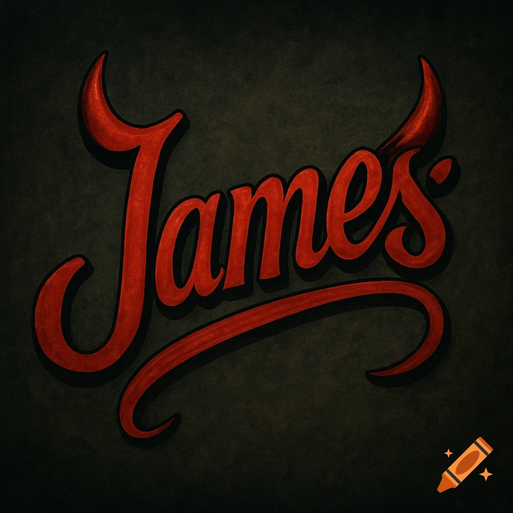 Stylized red text spelling 'James' with devil horns on a dark background.