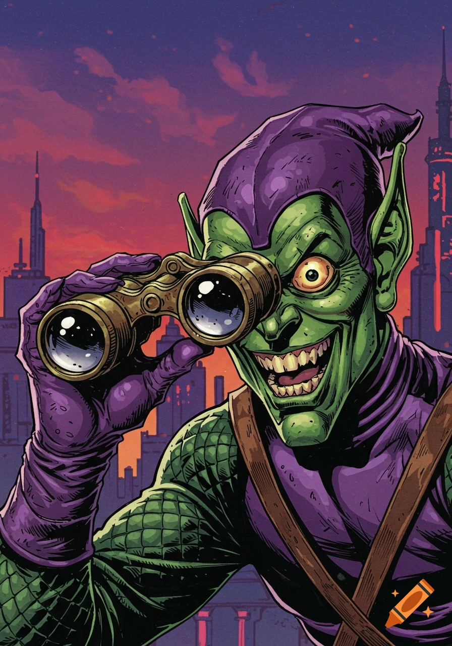 Green Goblin looks through binoculars in a comic book style, cityscape background.