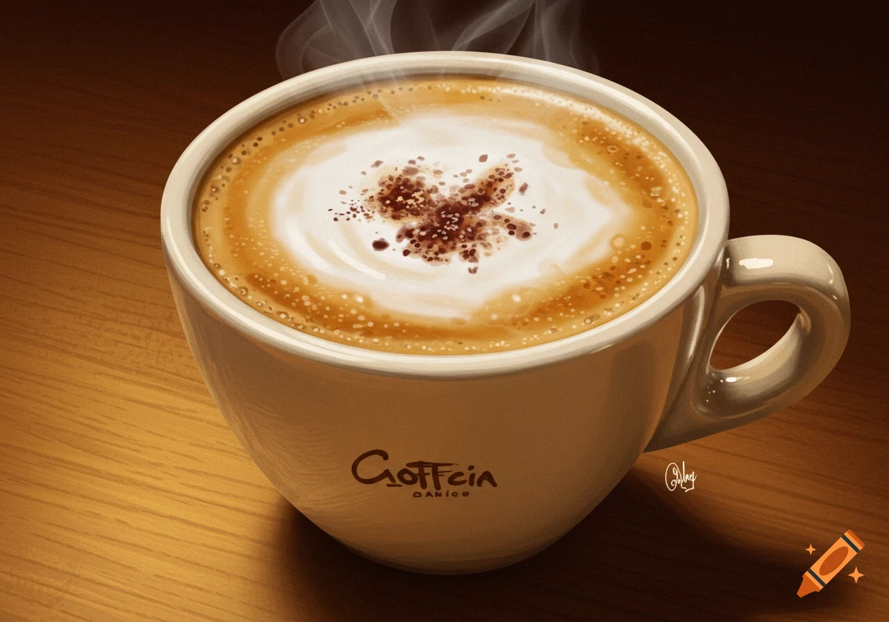 Close-up illustration of a cappuccino in a mug, with foam art and sprinkles.