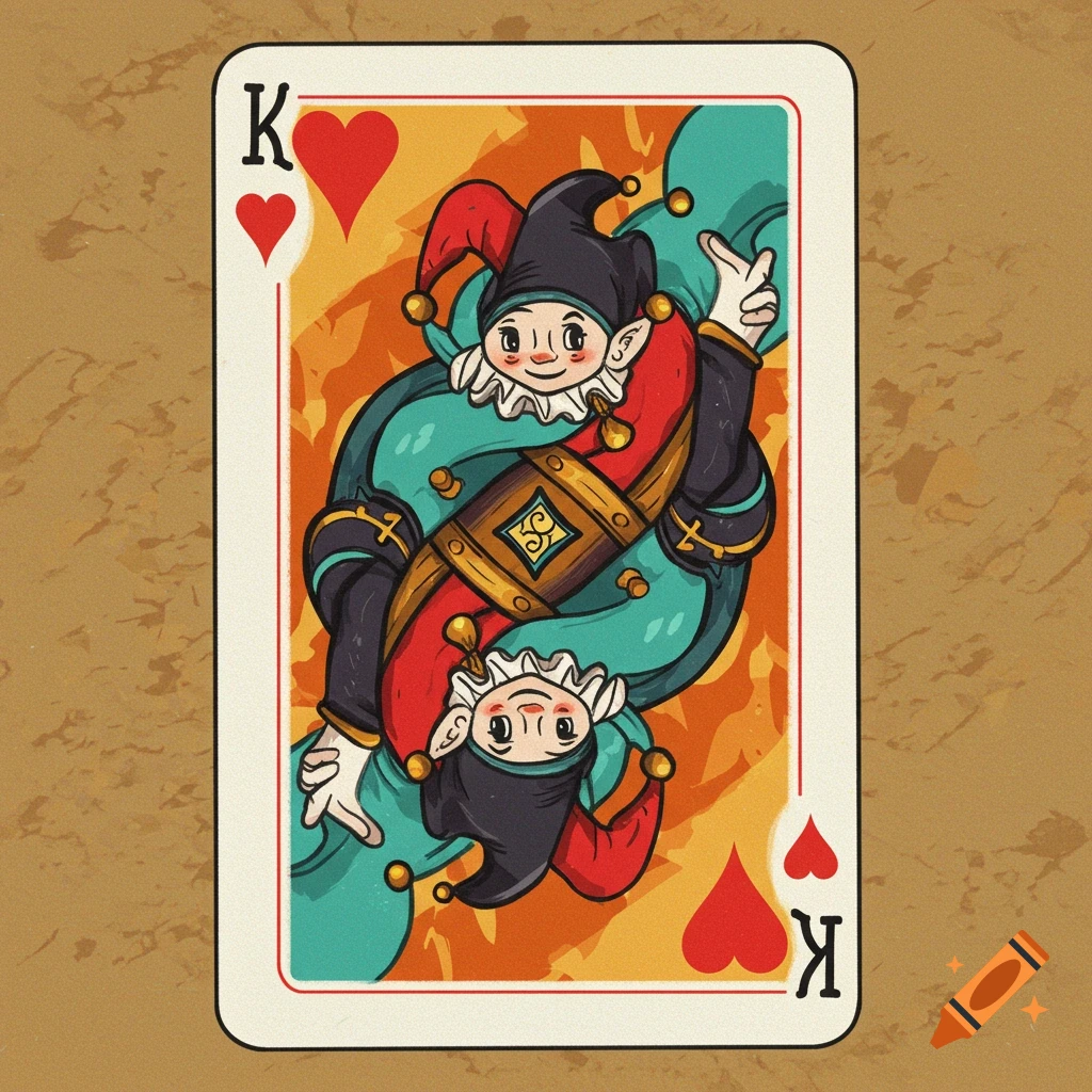 King of Hearts playing card with a cartoon jester illustration