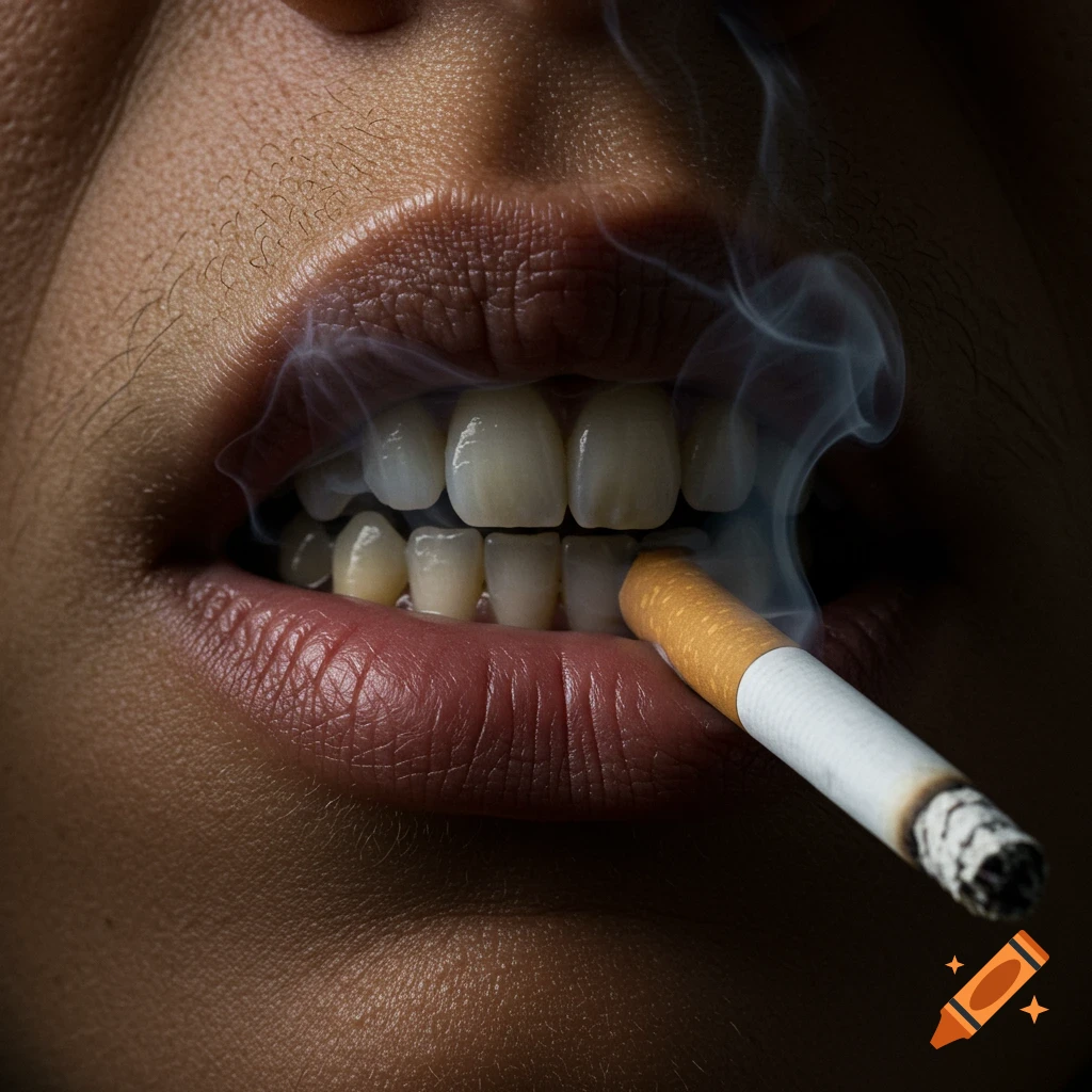 Close-up of a mouth smoking a cigarette with smoke