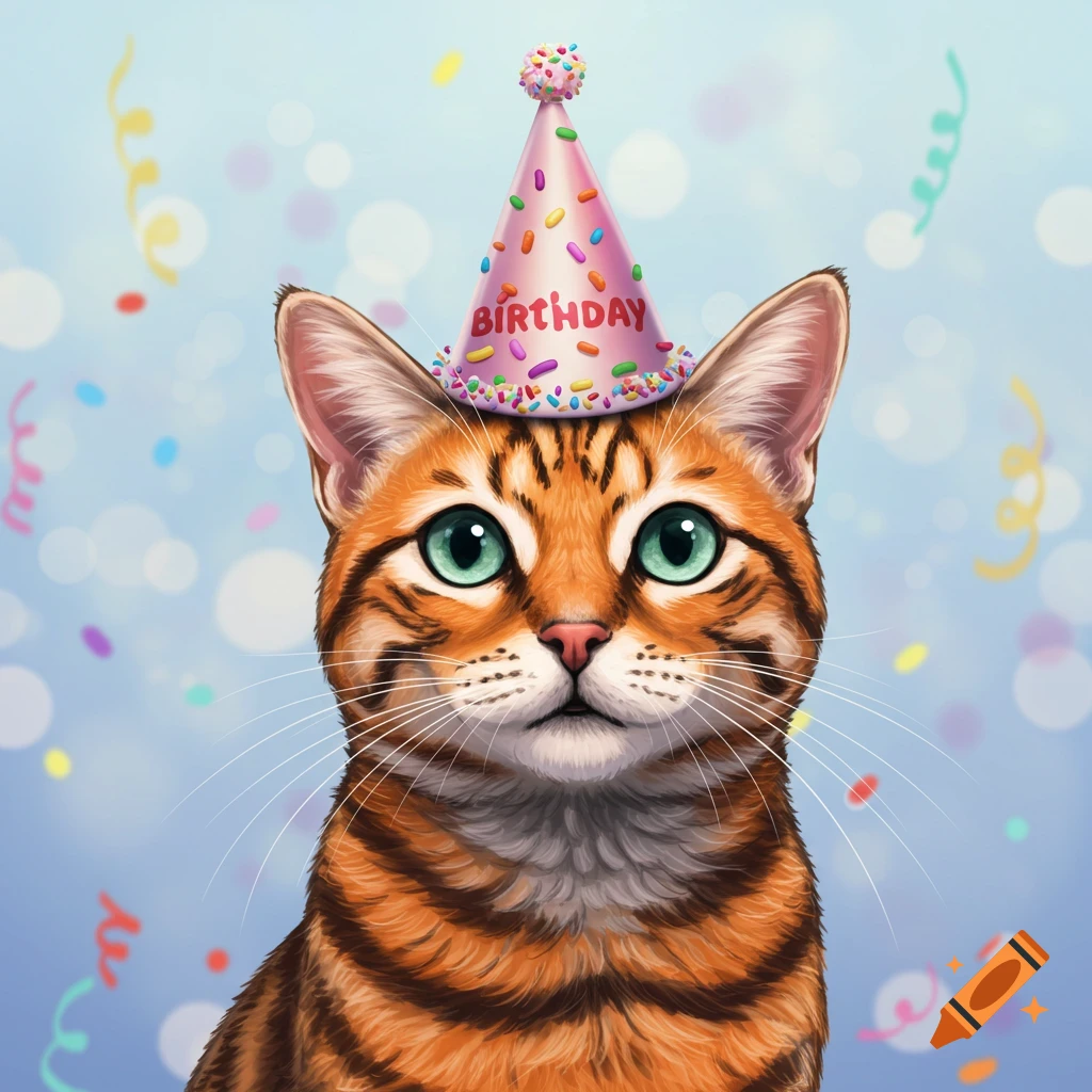 An orange tabby cat wears a pink birthday hat with sprinkles.