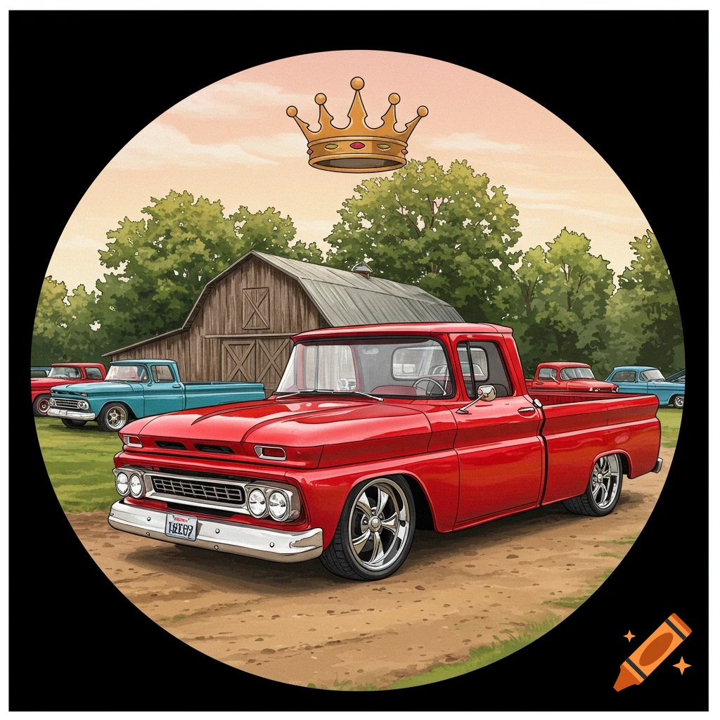Red Chevrolet C10 truck and other trucks by a barn with a crown, cartoon watercolor style