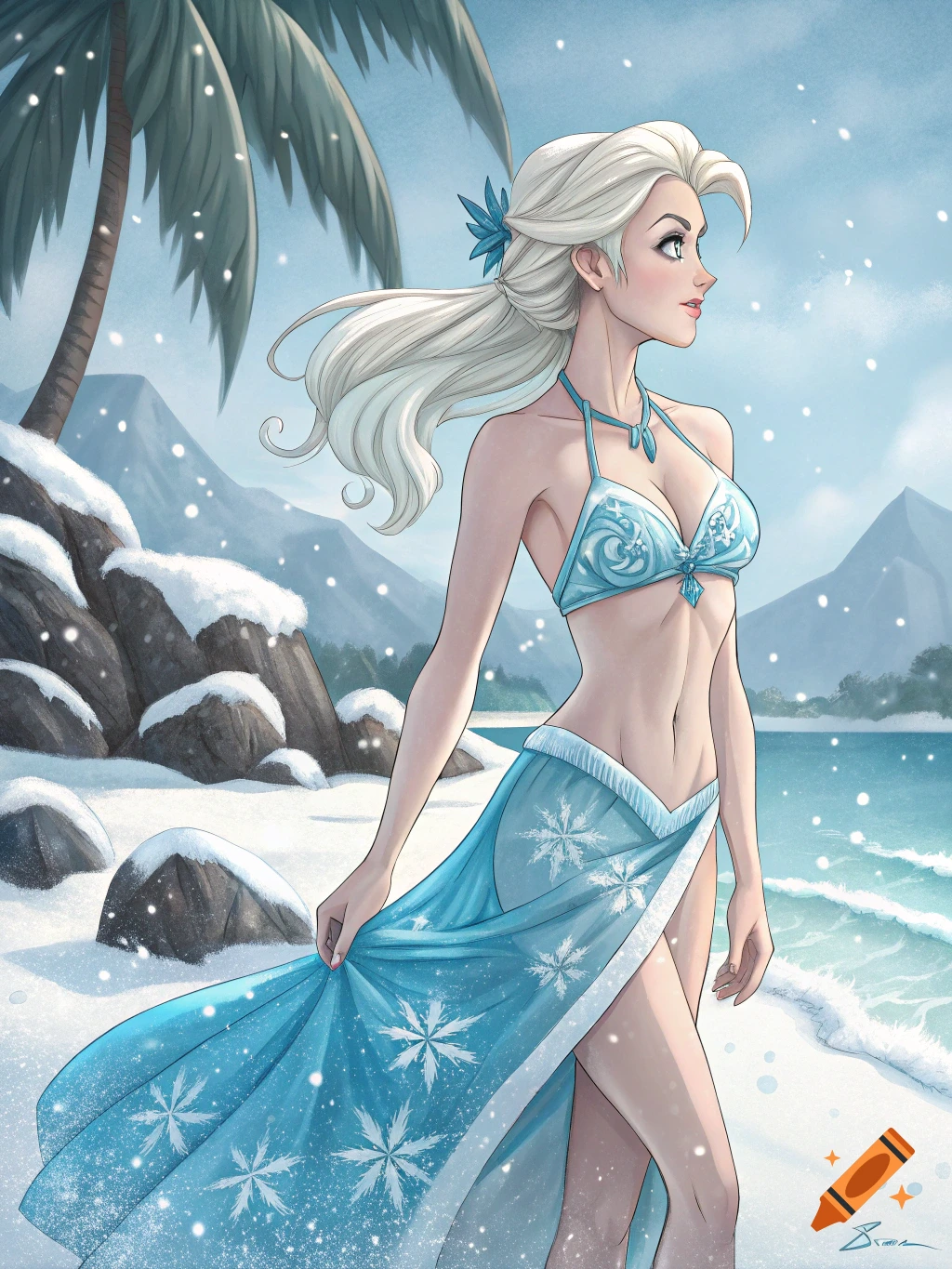 Illustration of Elsa from Frozen in a bikini on a snowy beach
