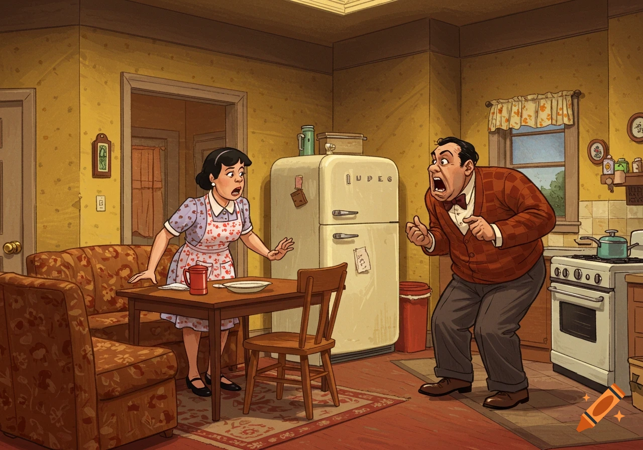 Illustration of a shocked woman and an angry man arguing in a retro kitchen.