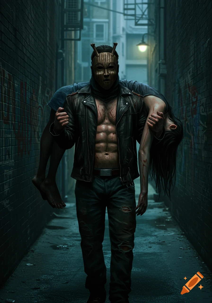 A masked man carries a person over his shoulder in a dark alley.
