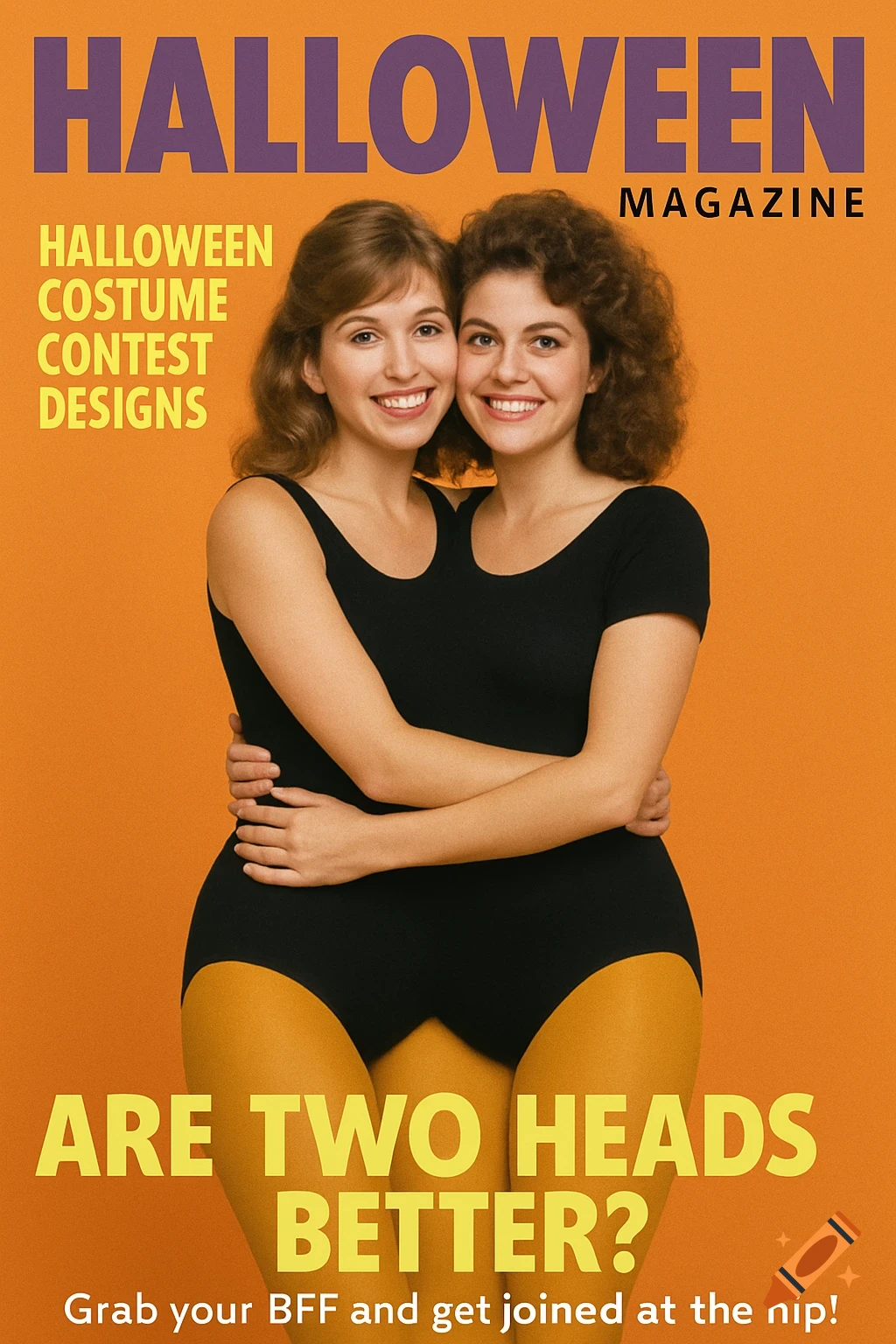 Magazine cover features two smiling women merged into a single body with two heads, wearing a black leotard and yellow tights. Text reads HALLOWEEN MAGAZINE and ARE TWO HEADS BETTER?