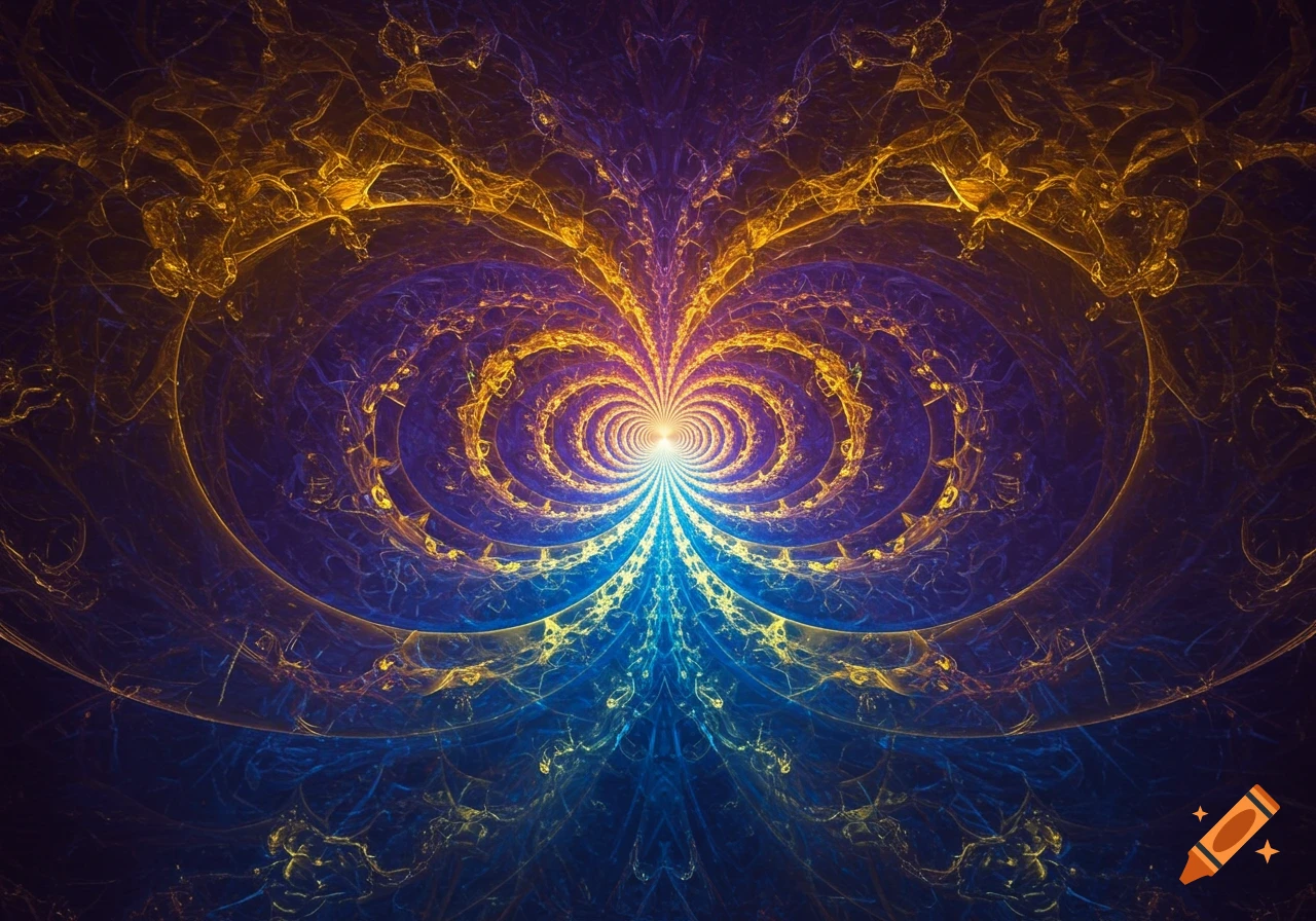 Symmetrical abstract fractal pattern in blue, purple, and gold with a central glow.