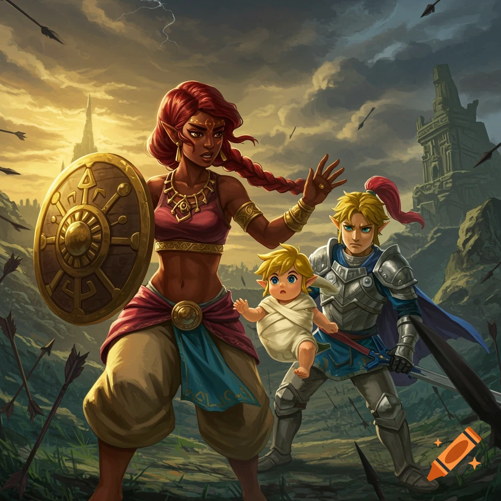 A fantasy woman shields a baby while a knight fights off arrows in a battle scene.