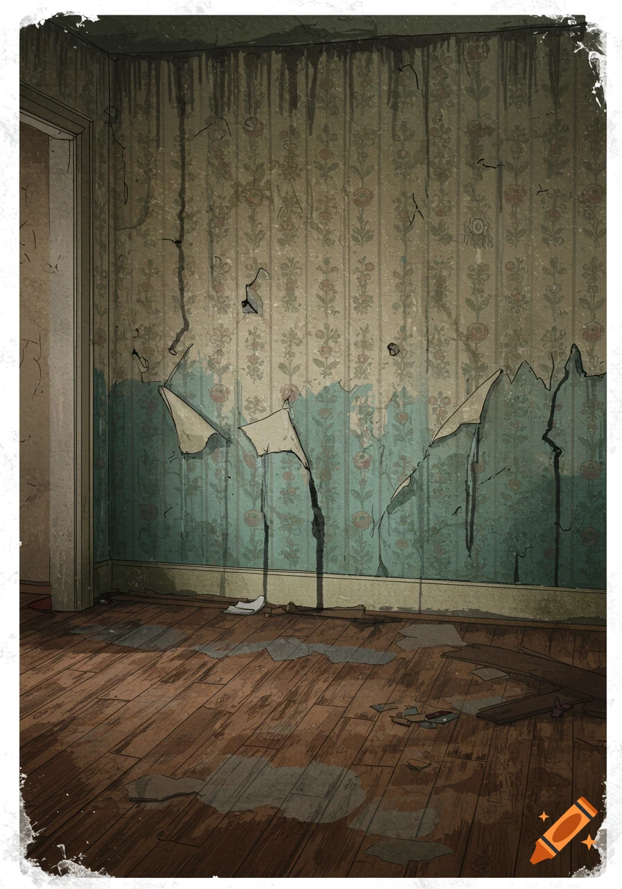 Illustrative view of a room interior with peeling wallpaper, cracked walls, water stains, and damaged wooden floor.
