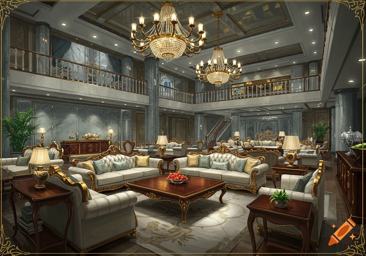 A grand, luxurious lobby with chandeliers and ornate furniture.