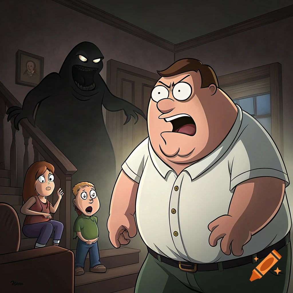 Cartoon of Peter Griffin, a woman, and a child looking scared at a dark ghost figure in a house.