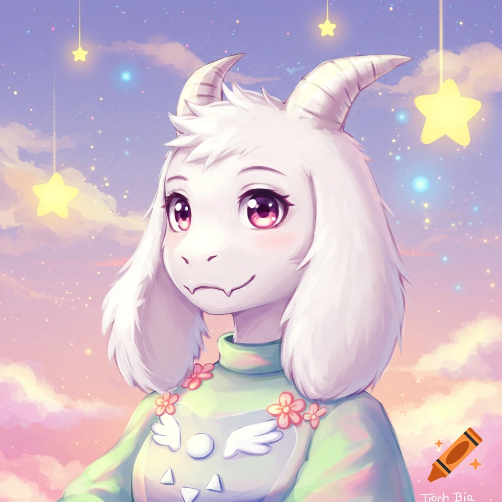 Anime portrait of a white furry goat character with horns in a pastel sky with hanging stars.