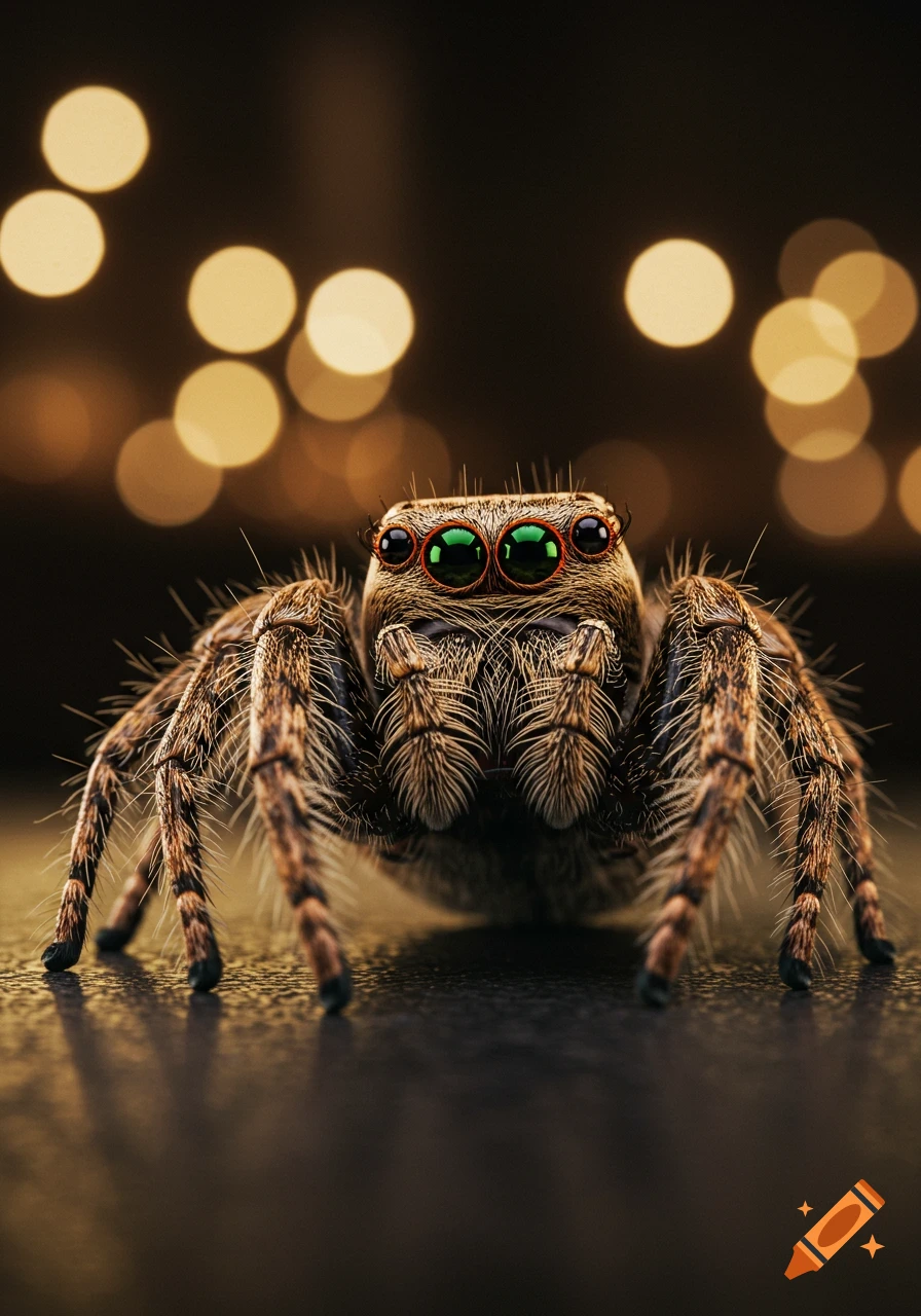 Close-up, photorealistic macro view of a jumping spider with bright green eyes, against a bokeh background.