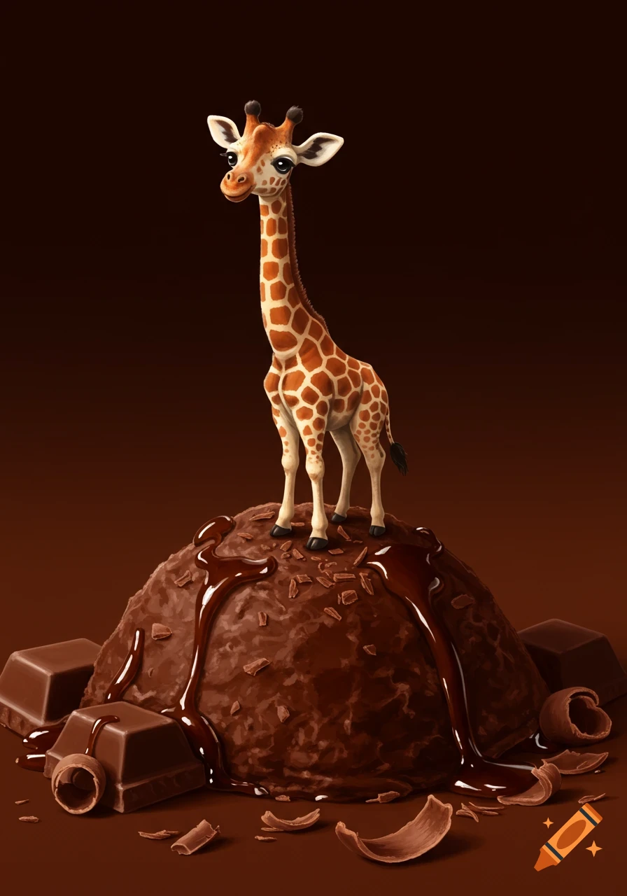Cute illustration of a baby giraffe standing on a mound of chocolate surrounded by chocolate pieces and syrup.