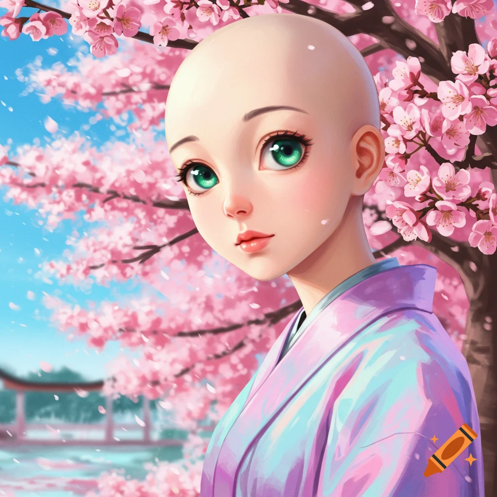 Bald anime girl in purple kimono in a cherry blossom garden.