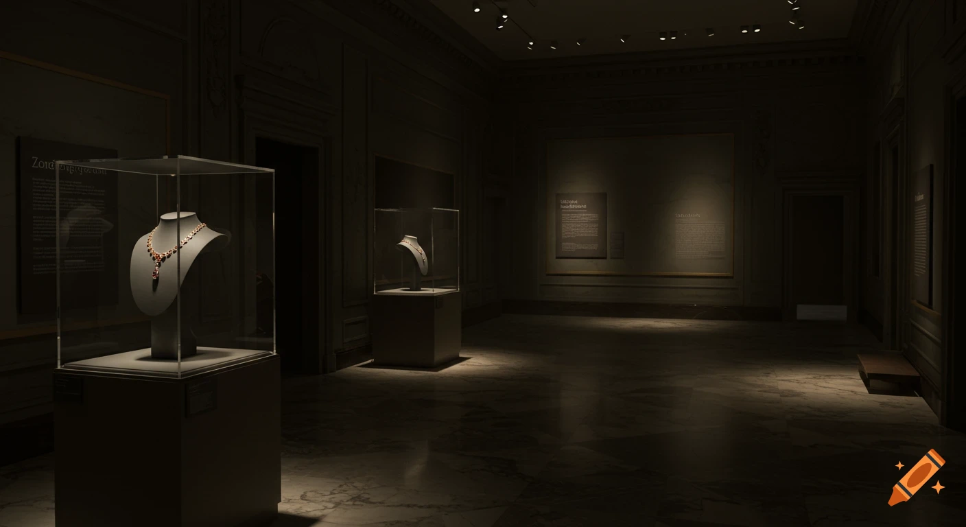 A dimly lit museum gallery features spotlighted jewelry displays inside glass cases on pedestals.
