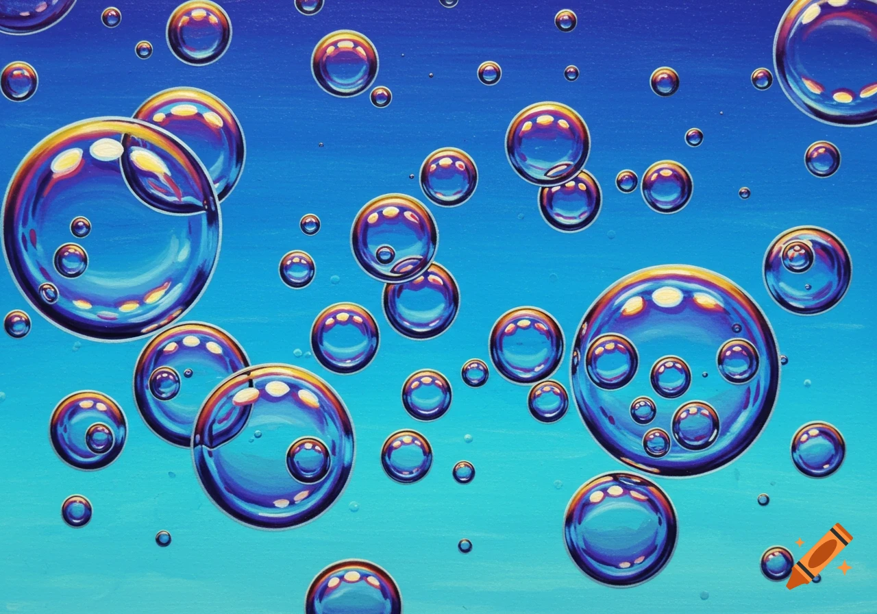 Colorful, iridescent bubbles floating in blue water